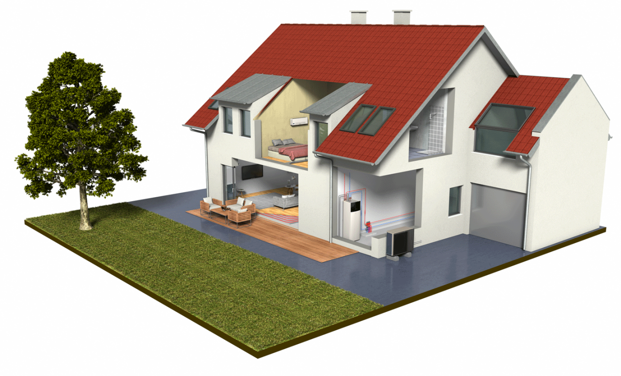 A look inside a house with three Daikin indoor units and an outside unit installed. Illustration.